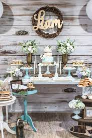 Blue Rustic Chic Baby Shower Kara S Party Ideas Rustic Baby Shower Baby Shower Fall Baby Shower Themes