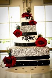 Black And White Wedding Cakes With Red Roses Black White Demask Wedding Cake With Red Roses Peacock Feathers Red Rose Wedding Cake Red Rose Wedding Wedding Cake Roses