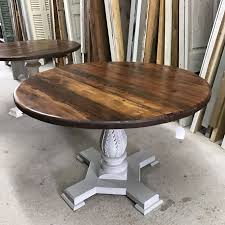 48 Round Table With Antique Barn Wood Top And Unusual Carved Gray Base Antique Barn Wood Round Table Top Dining Table