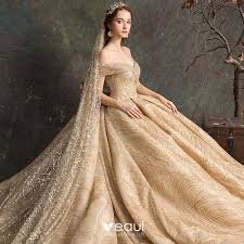Maybe you would like to learn more about one of these? Luxus Herrlich Gold Brautkleider Hochzeitskleider 2019 Ballkleid Off Shoulder Kurze Armel Ruckenfreies Perlenstickerei Glanz Tulle Kathedrale
