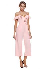 Light Pink Ruffle Neckline Jumpsuit With Pockets Light Pink Dress Pink Jumpsuit Pink Ruffle