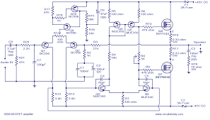 Hi Fi 100w Mosfet Power Amplifier Circuit Operates From 45v Dual Supply 100w To 8 Ohm Speaker 160w Subwoofer Amplifier Circuit Diagram Electronics Circuit