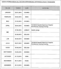 For more information and source, see on this link : Jadual Dan Tarikh Pembayaran Gaji 2016 Untuk Kakitangan Awam