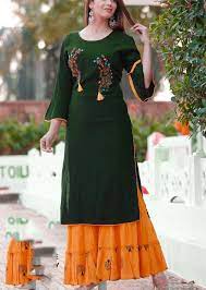 We provide all leading embroidered kurtis manufacturers, suppliers. Green Kurti And Gold Printed Sharara With Beautiful Embroidery Kurti Fashion