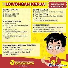 Kumpulan info tentang info loker lamongan untuk sobat yang membutuhkannya. Lowongan Kerja Bimbel Brawijaya Cabang Kota Batu Jawa Timur Januari 2021