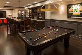 Basement Bar With Black Pool Table And Charcoal Gray Wainscot Trim Transitional Basement Black Pool Table Pool Table Room Pool Table