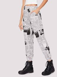 Newspaper Print Tapered Pants