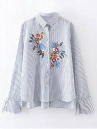 Black And White Vertical Striped Shirt Womens High Low Flower Embroidered Striped Shirt Stripe S Flower Embroidered Shirts Shirt Embroidery Fashion