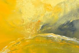 Top view of yellow watercolor brushstrokes with on white background. Yellow Abstract Art Painting With Melon Yellow Accents And Grey Highlights