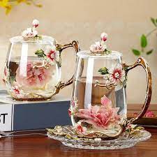 Beauty And Novelty Enamel Coffee Cup Mug Flower Tea Glass Cups For Hot And Cold Drinks Tea Cup Spoon Set Perfect Wedding Gift In 2021 Flower Tea Rose Tea Cup Drinking Tea