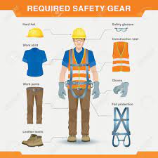 Required Safety Gear Overalls Hard Hat Vest And Worker Safety At The Construction Site Vector Illustration Safety Posters Construction Safety Safety Gear
