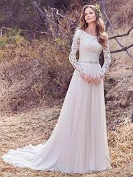 Maggie Sottero Darcy Marie This Aurora Chiffon A Line Wedding Dress Features A Lace Bodice W Modest Bridal Gowns Wedding Dresses Lace Modest Wedding Dresses