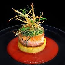 Pesto Panko Crusted Salmon Seared Polenta Cake Roasted Tomato Pepper Sauce Crisp Parsnip Basil By Recettes De Cuisine Cuisine Gastronomique Gastronomie