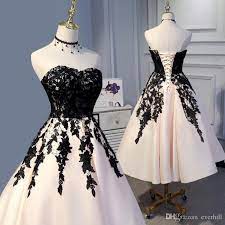 Janevini Gorgeous Light Pink Prom Dress With Black Lace 2018 Tea Length Sweetheart Satin Modest Short Homecoming Prom Dresses Evening Gowns Gothic Prom Dresses Formal Prom Dresses Short Black Lace