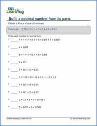 Grade 6 Place Value Worksheet Build A Decimal Number From Its Parts Place Value Worksheets Worksheets Scientific Notation Worksheet
