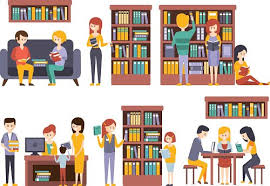 Download images for teachers and use any clip art,coloring,png graphics in your website, document or presentation. Library And Bookstore With People Reading Choosing Books Clipart Image