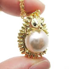 Hedgehog Porcupine Hugging A Pearl Shaped Animal Pendant Necklace In Gold Pendant Jewelry Animal Jewelry