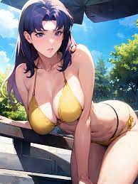 1girls ai generated big breasts bikini busty cleavage female  focus female only huge breasts long hair misato katsuragi navel neon  genesis evangelion stable diffusion violet hair 
