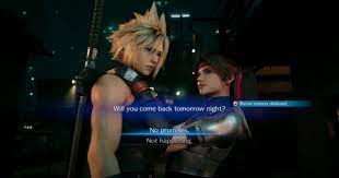 In part 27, jesse logs out and back into the game to grab a bit of loot that the game wouldn't let him get, only to, well: Ff7 Remake Jessie Choice Visit Jessie Results Final Fantasy 7 Integrade Gamewith