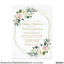 Modern Floral Pink Gold Geometric Frame Wedding Invitation Zazzle Com Geometric Wedding Invitation Geometric Wedding Geometric Invitations