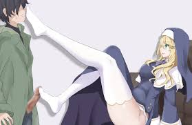 ogata shuu, sharon holygrail, engage kiss, white legwear, 1boy, 1girl,  blonde hair, feet, footjob, green eyes, long hair, nun, parted lips - Image  View - | Gelbooru - Free Anime and Hentai Gallery