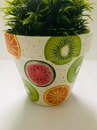 decoupaged terracotta plant pot watermelons orange and kiwifruit design home gift ideas painted flower pots flower pot art flower pot design