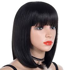 Black Bob With Bangs Wig Synthetic Wig Women S Straight Black Bob Synthetic Hair 12 Inch Women African American Wig With Bangs Black Wig Wigs With Bangs African American Wigs Wigs