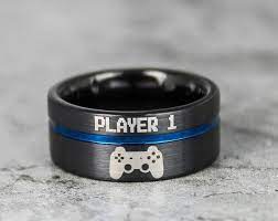 Gamer Ring Gamer Jewelry Gamer Wedding Ring Gamer Band Player 1 Ring Player 2 Ring Free Shipping Free Custo Blue Wedding Band Black Tungsten Band Gamer Wedding