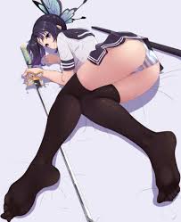 cqingwei, kochou shinobu, kimetsu no yaiba, highres, 1girl, alternate  costume, ass, black hair, black skirt, black thighhighs, blush, butterfly  hair ornament, female focus, foreshortening, full body, gradient hair, hair  ornament, katana, knees