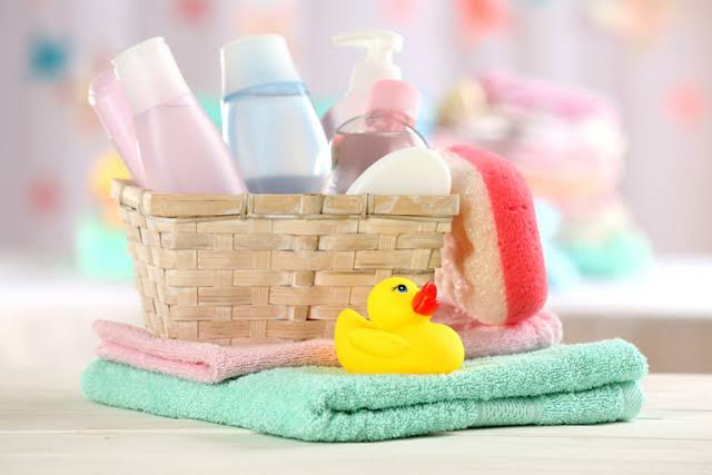 Bath time supplies for infant care, AI generated