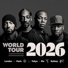 Leaks reveal that the Eminem, Snoop Dogg, Dr. Dre, and 50 Cent World Tour  2026 will span 30 cities across four continents, with stops in London,  Paris, Tokyo, Rio, and Sydney already