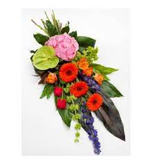 A Simply Stunning Vibrant Hand Tied Sheaf Orange And Cerise Roses Purple Aconitum Pink Hydrangea Gree Funeral Flowers Sympathy Flowers Send Flowers Online