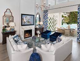 Beautiful Blue And White Transitional Living Room Decor With White Sofa And Blue Velvet Arm Blue Living Room Decor Blue And White Living Room Living Room White