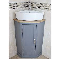 Half bathroom dimensions (toilet and corner sink, pocket door) 5ft x 3ft (1.5m x 0.9m). Grey Painted Corner Oak Vanity Unit With Wash Basin Ideal For Cloakroom