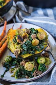 Stuffed Acorn Squash With Ground Beef Brussels Sprouts And Kale A Clean Nutritious Dinner Re Acorn Squash Recipes Ground Beef Acorn Squash Recipes Healthy