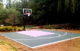 The court has evergreen hue with white lines. Backyard Basketball Court Layout Tips And Dimensions