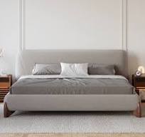 Cama Cal King con plataforma de nogal tapizada en algodón y lino Curva