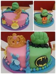 Split Birthday Cake For Brother And Sister Half Superhero Half Princess Twin Birthday Cake Taart Verjaardag