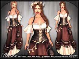Our womens bodices and corsets go great at all manner of events, including renaissance fairs, sca events, and themed events and parties. Second Life Marketplace Wishbox Realm Mesh Fantasy Corset Dress One Colorway No Hud Version Brown Black And Cream Medieval Role Play Gown