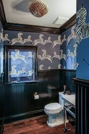 Whether you want inspiration for planning a bathroom renovation or are building a designer bathroom from scratch, houzz has 1,964,686 images from the best designers, decorators, and architects in the country. Power Bath Wallpaper Scalamandre Zebras In Denim The Black Beadboard Paneling And Black Trim Are Painted I Zebra Wallpaper Small Bathroom Renos Zebra Bathroom