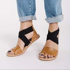 Sorel Ella Sandals Tan And Black 6 5 Lace Up Sandals Black Leather Sandals Black Open Toe Wedges