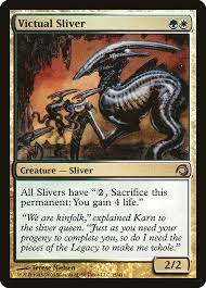 3/3 · whenever a sliver deals combat damage to a player, its controller may create a 1/1 colorless sliver creature token. Victual Sliver H09 15 Magic The Gathering Card