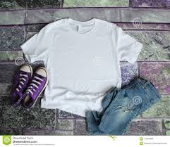 White T Shirt Mockup Flat Lay On Purple Brick Background With Pu Shirt Mockup Tshirt Mockup Shirts