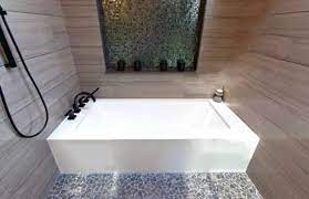 The different tile sizes provide some interesting flow and movement to the space, and the gray paint around the alcove shower (note the marble hex tile at the bottom there) highlights the veining really well. Alcove Tubs Design Ideas Designing Idea