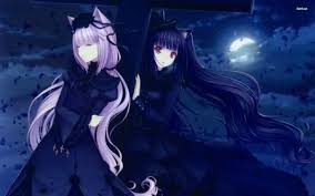Black And White Hair Color Anime Neko Twins Cool Animal Ears Beautiful Twinatil Pretty White Hair Anime Female Dark Nice Awesome Red Eyes Ponytail White Hair Long Hair Girl Anime