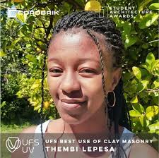 Congratulations Thembi Lepesa for winning the Corobrik prize for best use  of clay masonry in the M.Arch (Prof) class of 2022 at University of the  Free State, South Africa. 👏