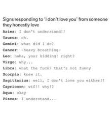 The Signs Responding To I Don T Love You From Someone They Honestly Love Zodiac Signs Zodiac Signs Funny Zodiac Horoscope