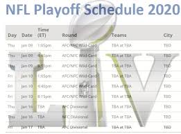 With sixteen games per team played over seventeen weeks, every game is thoroughly analyzed prior to kickoff and scrutinized after the clock hits zero in the fourth quarter. Printable 2020 Nfl Playoff Schedule And Superbowl 55 Tv Schedule Printerfriend Ly