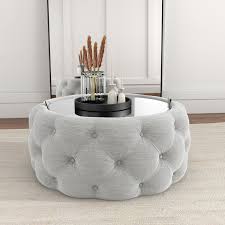 Accent your living room with a coffee, console, sofa or end table. Clio Round Storage Coffee Table In Grey Linen With Mirrored Top Furniture123