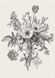Anemone Flower Tattoo Black And White Victorian Bouquet Spring Flowers Poppy Anemones Tulips Delphinium Anemones Bouquet In 2020 Botanical Illustration Vintage Vintage Flower Tattoo Flower Drawing